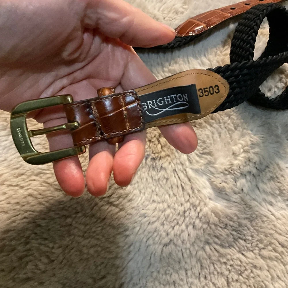 Brighton Belt Size 36 Brown Croc Leather Black Woven‎ Middle Solid Brass Buckle